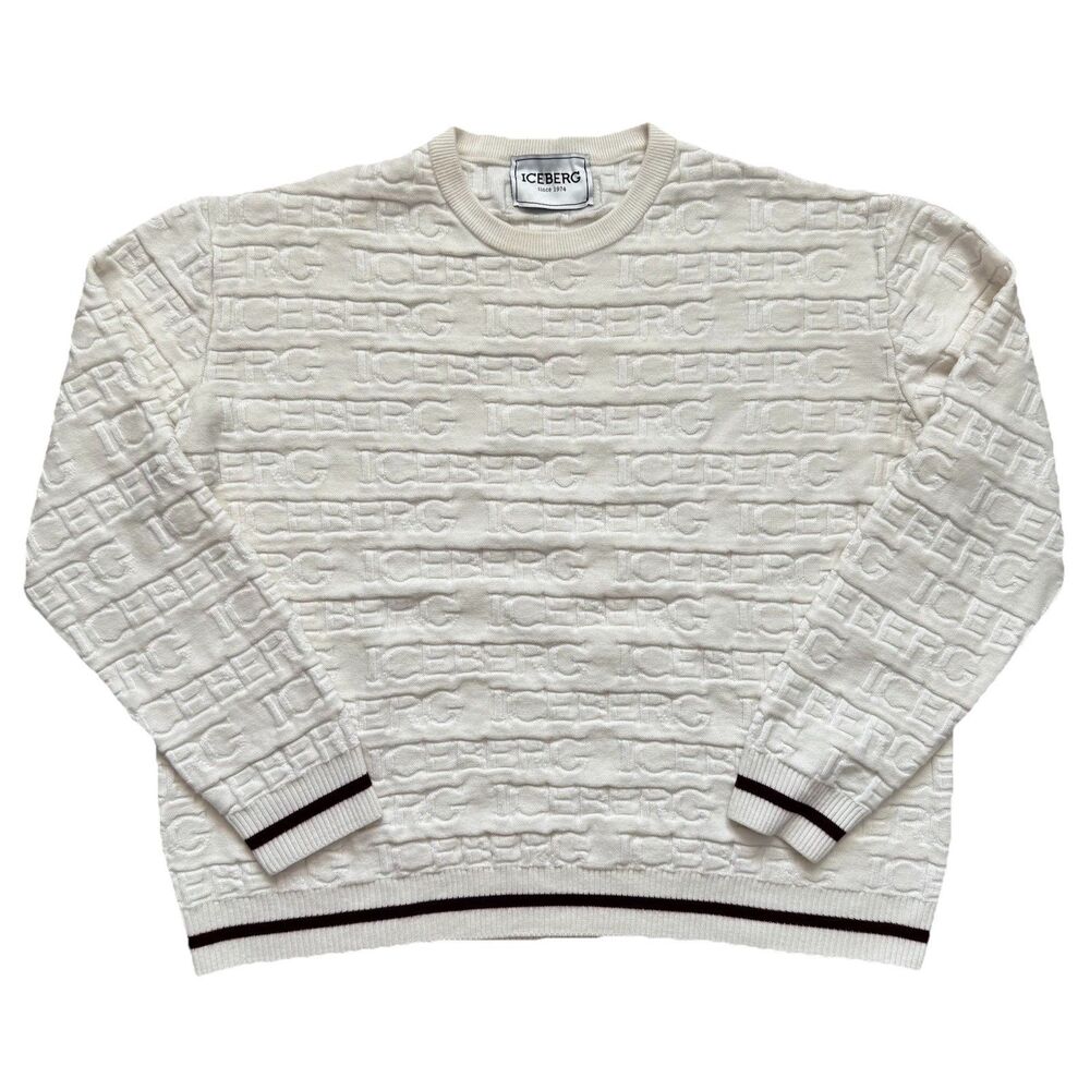 Vintage 90s Iceberg All Over Logo Knit Sweater Cream Wool Blend Size XXXL Italy